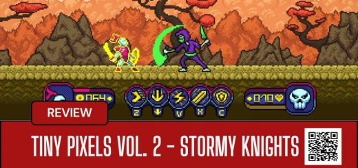 Boss fight in Tiny Pixels Vol. 2 Stormy Knights showing the hero facing a goblin-like creature wielding a giant sword.