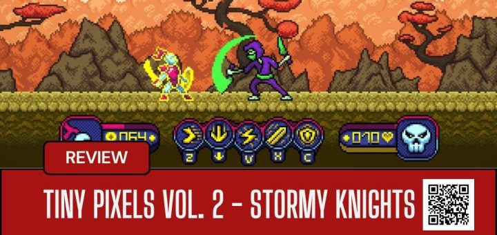 Boss fight in Tiny Pixels Vol. 2 Stormy Knights showing the hero facing a goblin-like creature wielding a giant sword.
