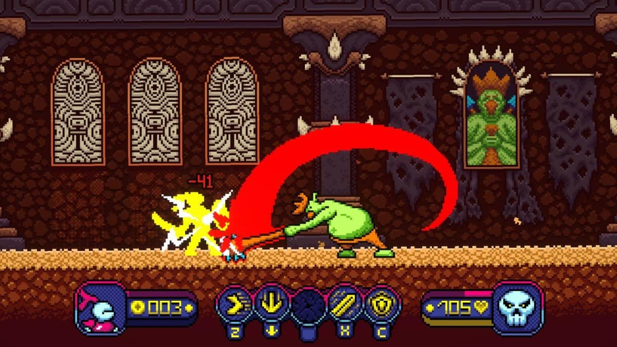 First boss encounter in Tiny Pixels Vol. 2 Stormy Knights featuring a massive ogre slamming the ground with a giant axe.