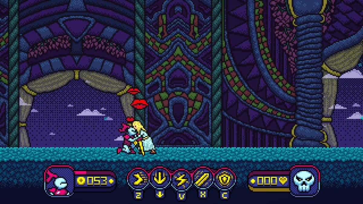 Hero receives a kiss from the rescued princess in Tiny Pixels Vol. 2 Stormy Knights as a triumphant post-battle moment.