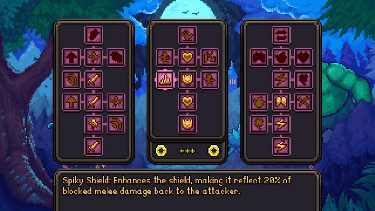 Skill tree screen from Tiny Pixels Vol. 2 Stormy Knights showing upgrade paths available between roguelike runs.
