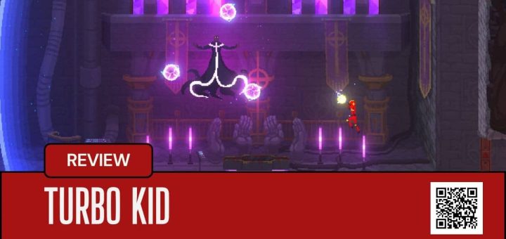 Turbo Kid boss battle in a chapel-like arena with a flying enemy unleashing lightning attacks