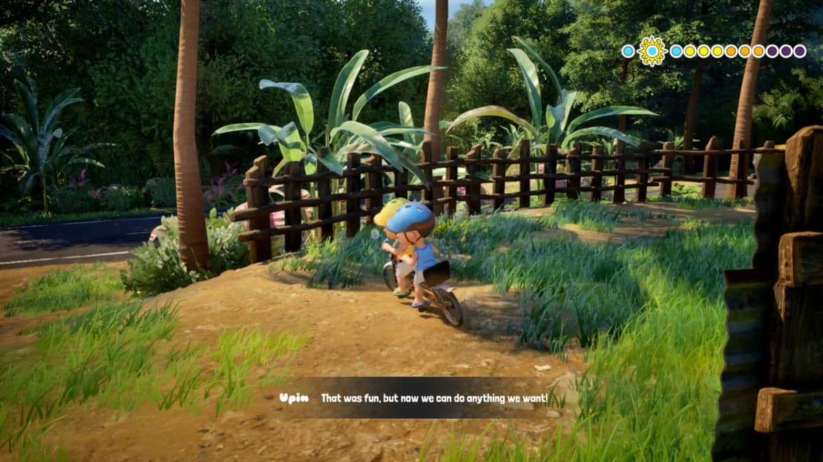 Upin and Ipin lean into a sharp turn while riding bikes through town in Upin & Ipin Universe, showcasing playful tension and safety.