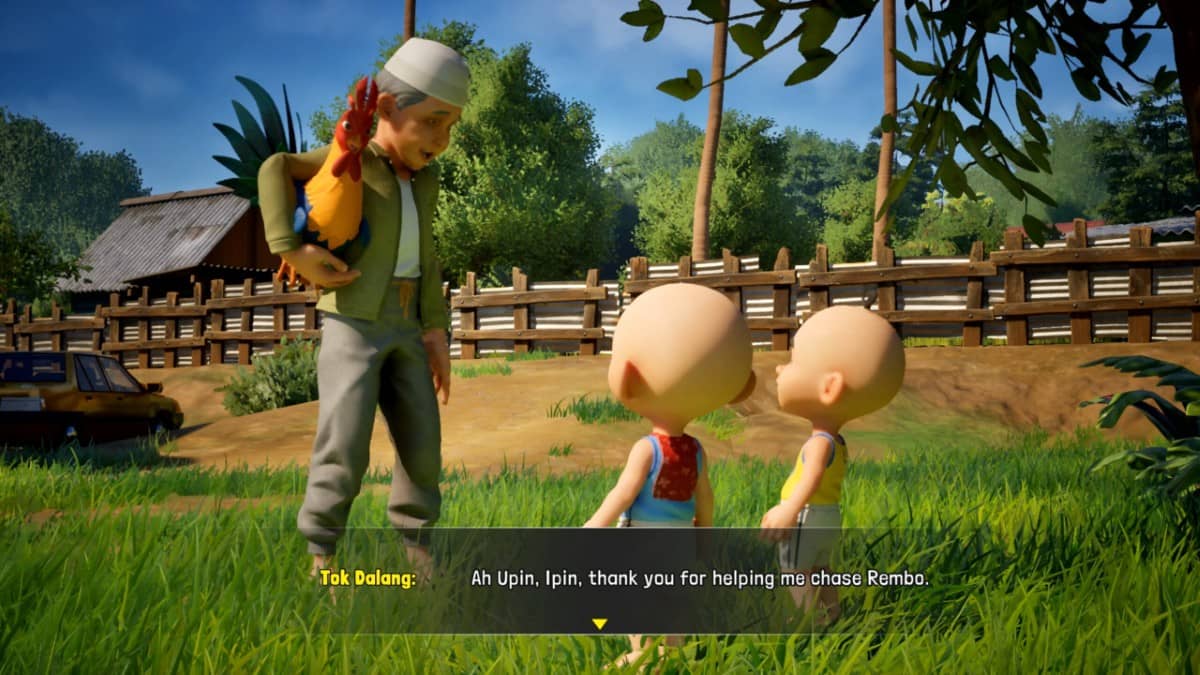 Upin and Ipin speak with Tok about catching a chicken in Upin & Ipin Universe, spotlighting playful kampung conversations.