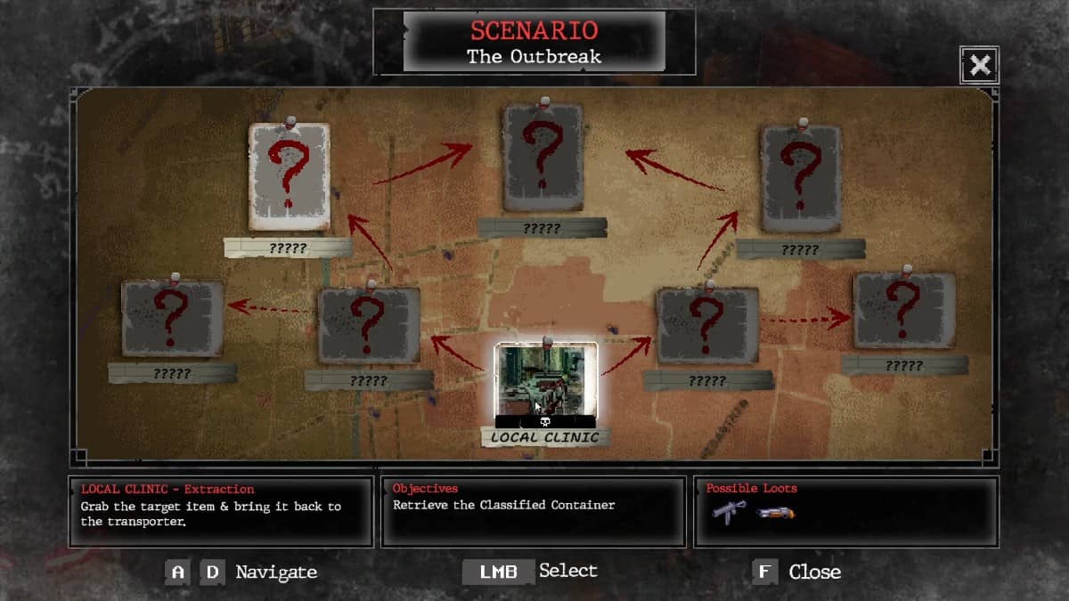 Mission select screen from Whisper Mountain Outbreak showing post-it notes for unlocked areas and question marks for unknown zones.
