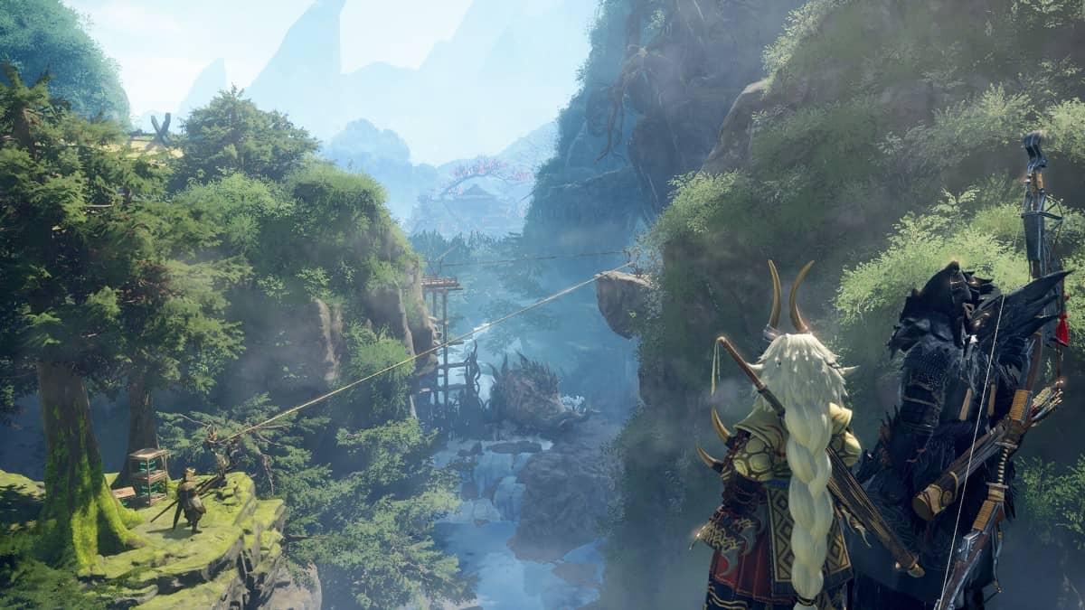 Two hunters overlook Azuma’s icy expanse as a third readies a Dragon Vine in WILD HEARTS S.