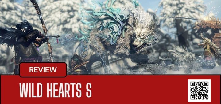 Four hunters clash with a wolf-like Kemono in WILD HEARTS S, deep within the icy forests of Azuma.