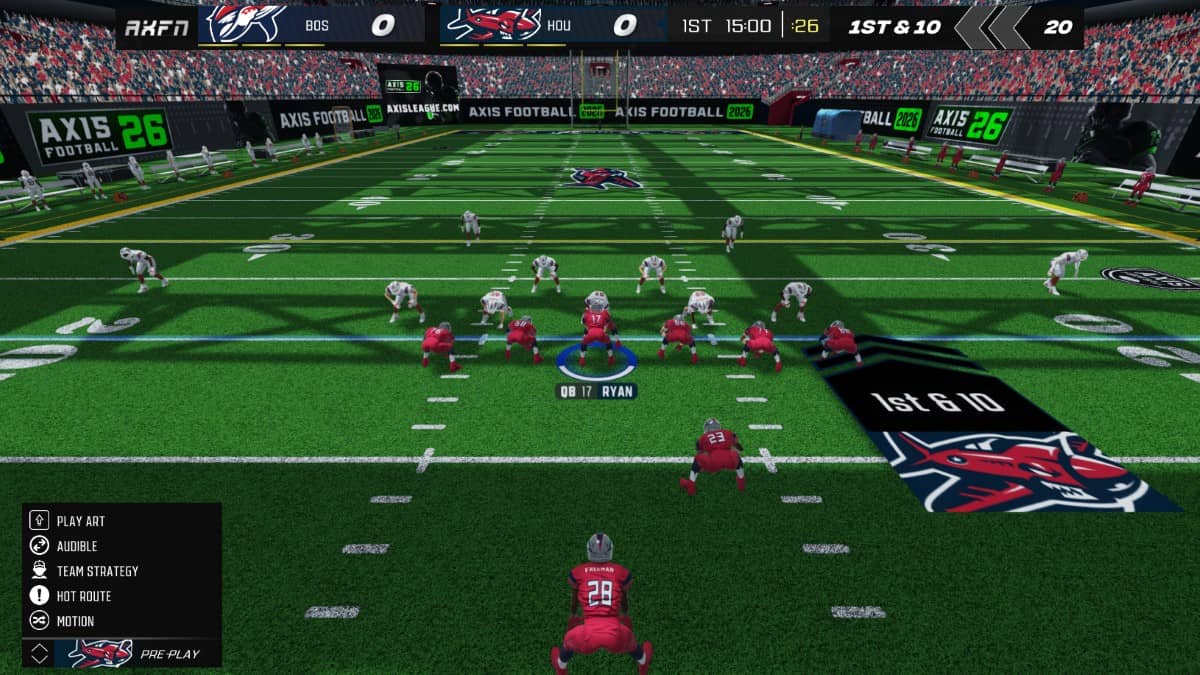 Pre snap scene in Axis Football 2026 showing offensive and defensive formations lined up before the play.