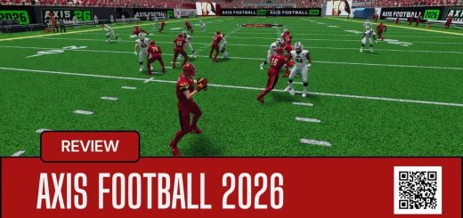 Quarterback in Axis Football 2026 drops back in the pocket, scanning the field for an open receiver.