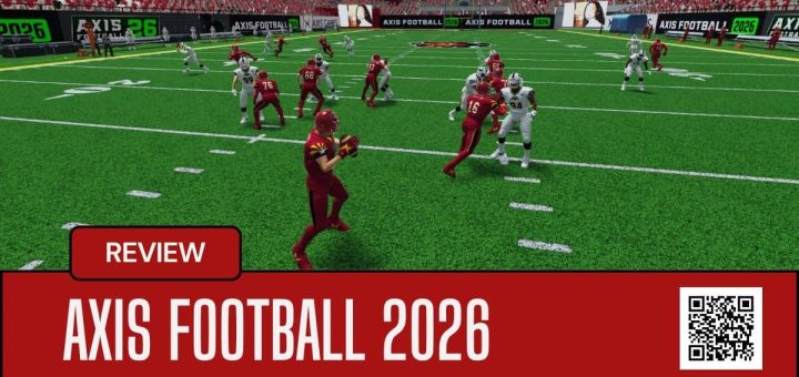 Quarterback in Axis Football 2026 drops back in the pocket, scanning the field for an open receiver.
