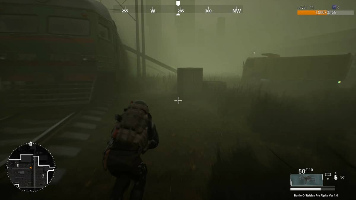 The player in Battle of Rebels moving stealthily through a dark junkyard as thick fog rolls in.
