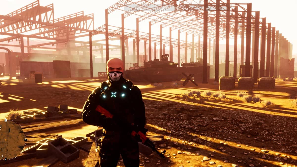 The player character in Battle of Rebels standing beside a tank in a sunlit desert battlefield.
