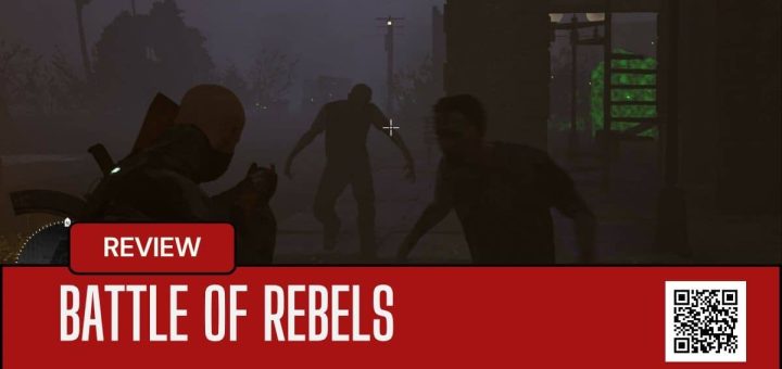 The player in Battle of Rebels fighting off a swarm of zombies in a chaotic town battle scene.