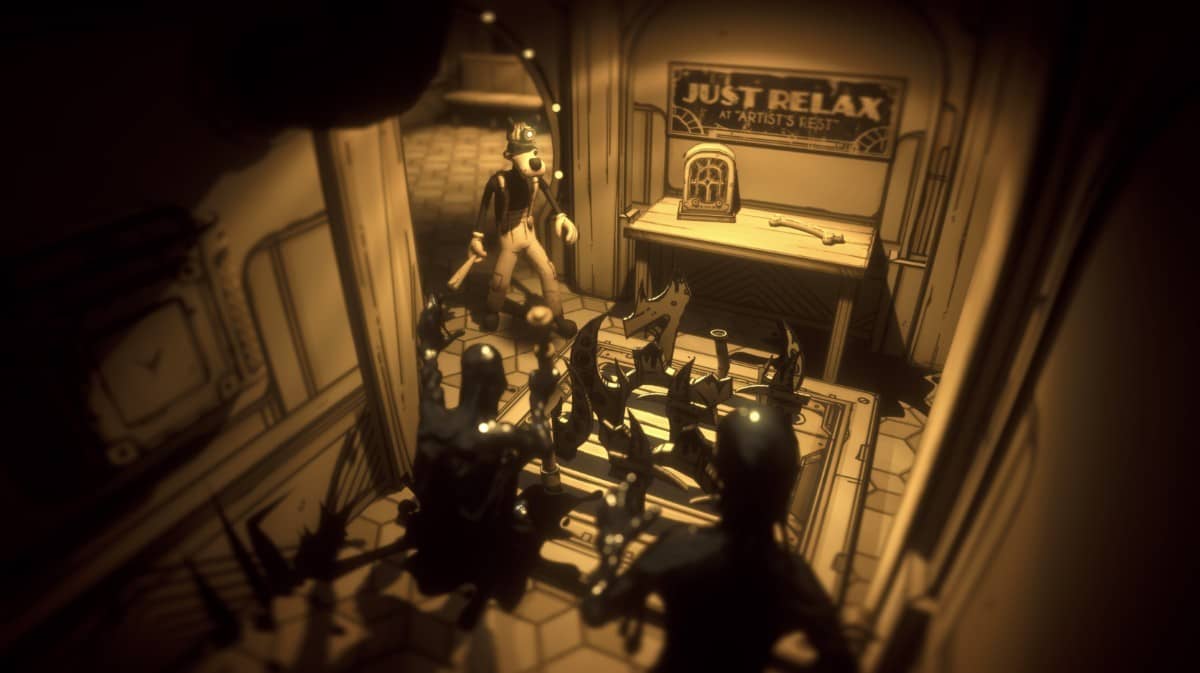 Bendy Wolf enters a dimly lit room as enemies begin to spawn and lock eyes with him, setting a tense scene.