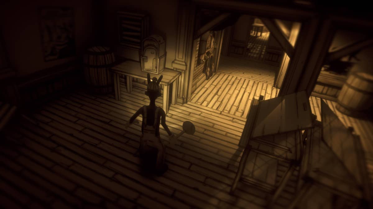 Bendy Wolf uncovers a hidden safe in the shadows using his torch, amplifying the game’s eerie atmosphere.