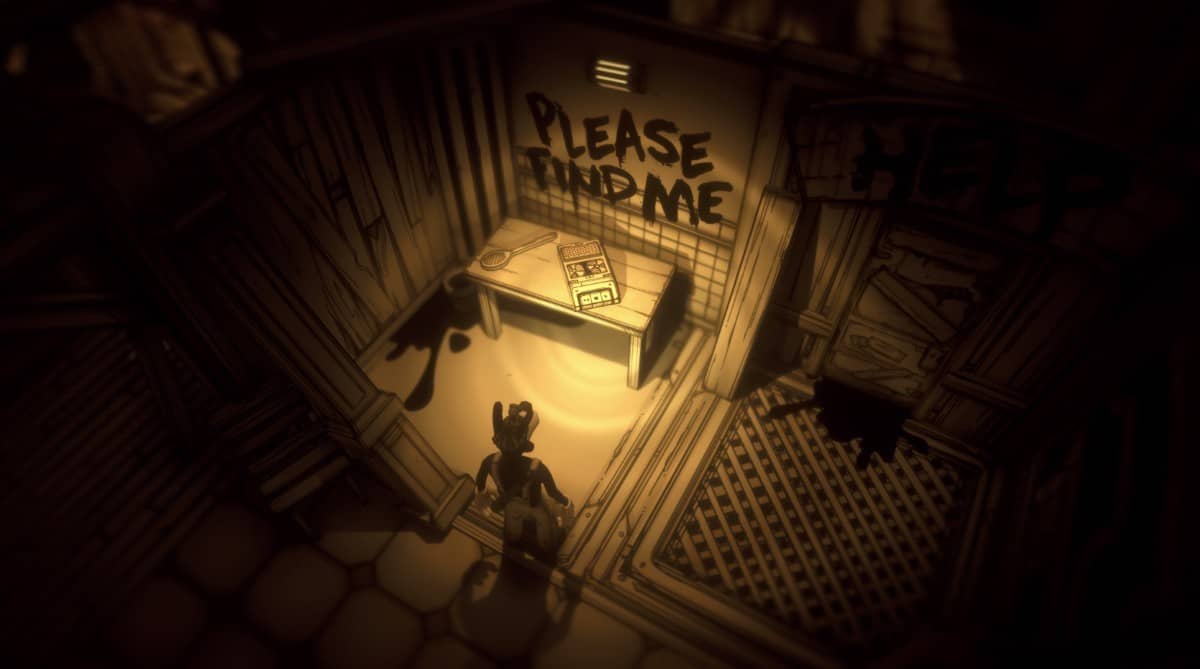 Bendy Wolf illuminates a shadowy world with his torch, revealing a tape recorder tied to the unfolding story.