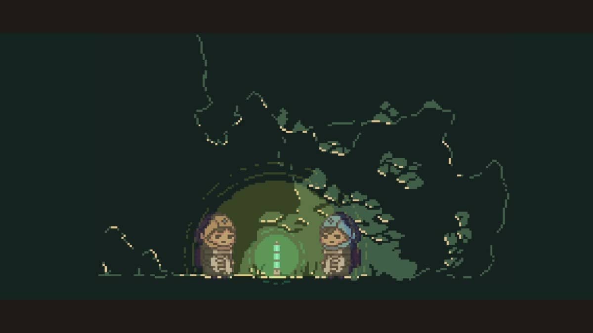Both characters from BOKURA: planet explore a dark cave lit only by a flickering candle, deepening the eerie atmosphere.