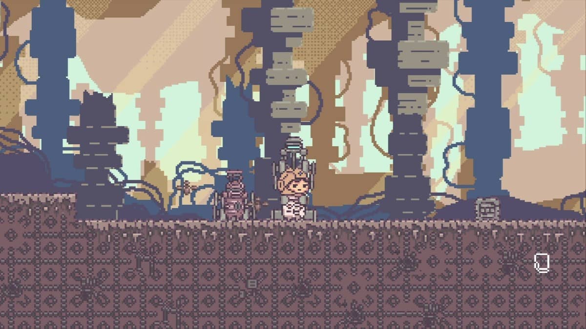 A lone character in BOKURA: planet closely inspects unfamiliar technology in the crimson wasteland.