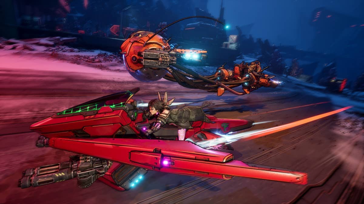 High-speed vehicle chase across the dry lands in Borderlands 4, showcasing missile-firing hyper bikes in action.