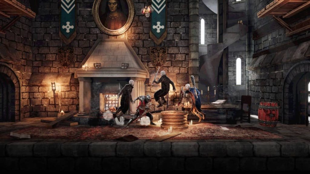 Main character Svaran battles multiple enemies with his sword in front of a grand medieval fireplace in Castle of Heart: Retold.