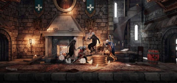 Main character Svaran battles multiple enemies with his sword in front of a grand medieval fireplace in Castle of Heart: Retold.