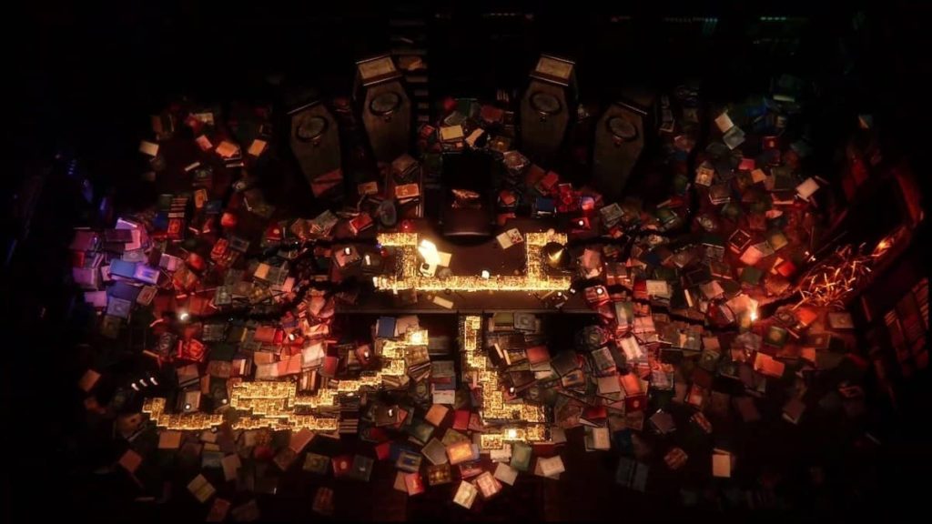 Scattered books fill the scene in Chronoscript: The Endless End, capturing the game’s eerie manuscript world and visual tone.