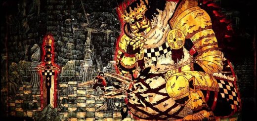 The main character in Chronoscript: The Endless End confronts a towering king wielding a massive sword on a glowing manuscript screen.