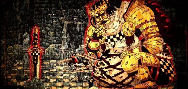 The main character in Chronoscript: The Endless End confronts a towering king wielding a massive sword on a glowing manuscript screen.