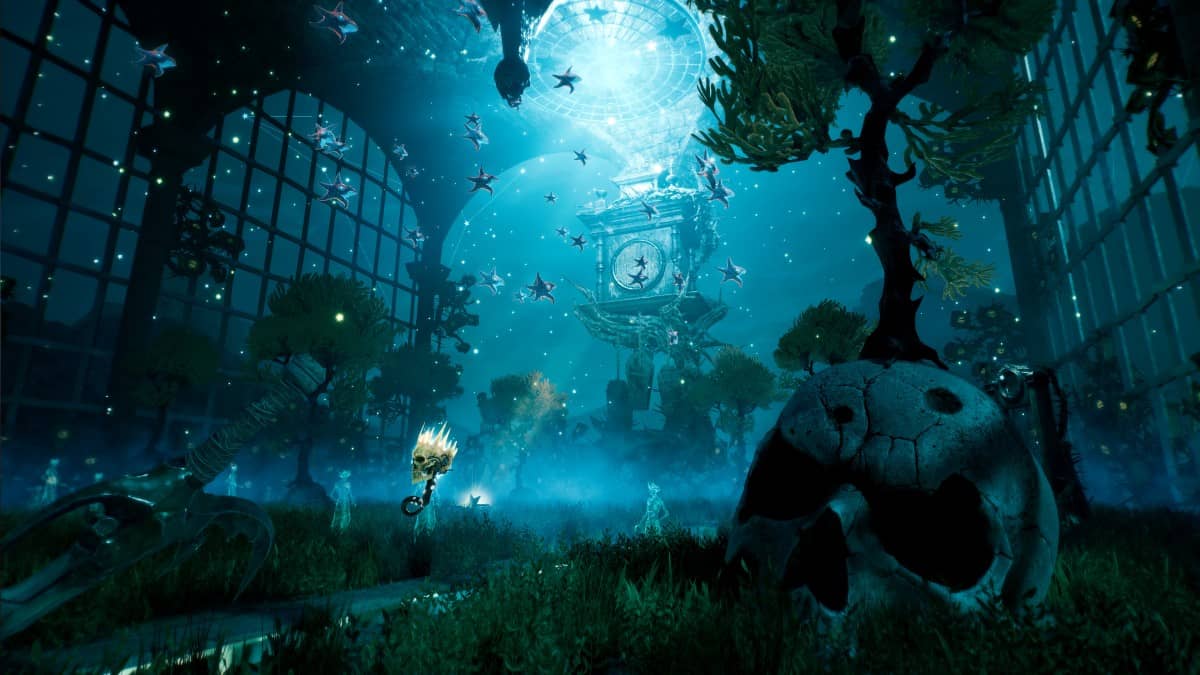 A richly detailed DAVY x JONES environment featuring a sunken clock tower, coral growth, and eerie tentacles.