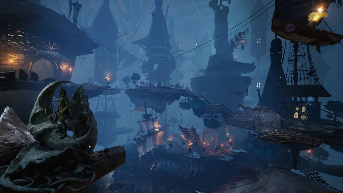 A sweeping aerial view in DAVY x JONES reveals the vast, varied terrain of its surreal pirate world.