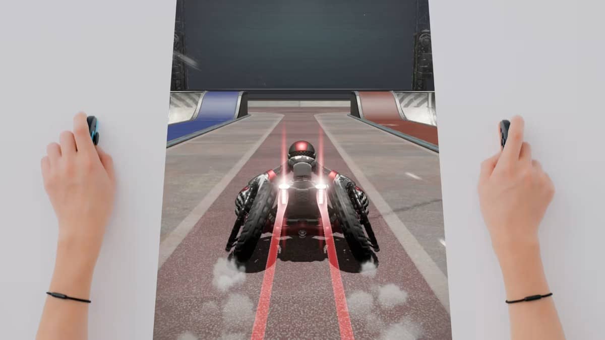 Drag x Drive’s control setup showing Joy-Cons in mouse position flanking the game screen during active play.