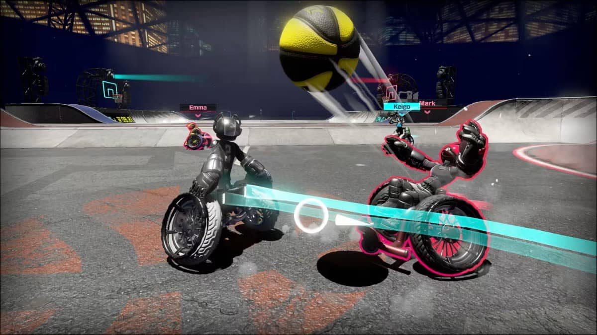 Two players collide mid-match in Drag x Drive, sending the ball flying in a burst of neon-lit chaos.