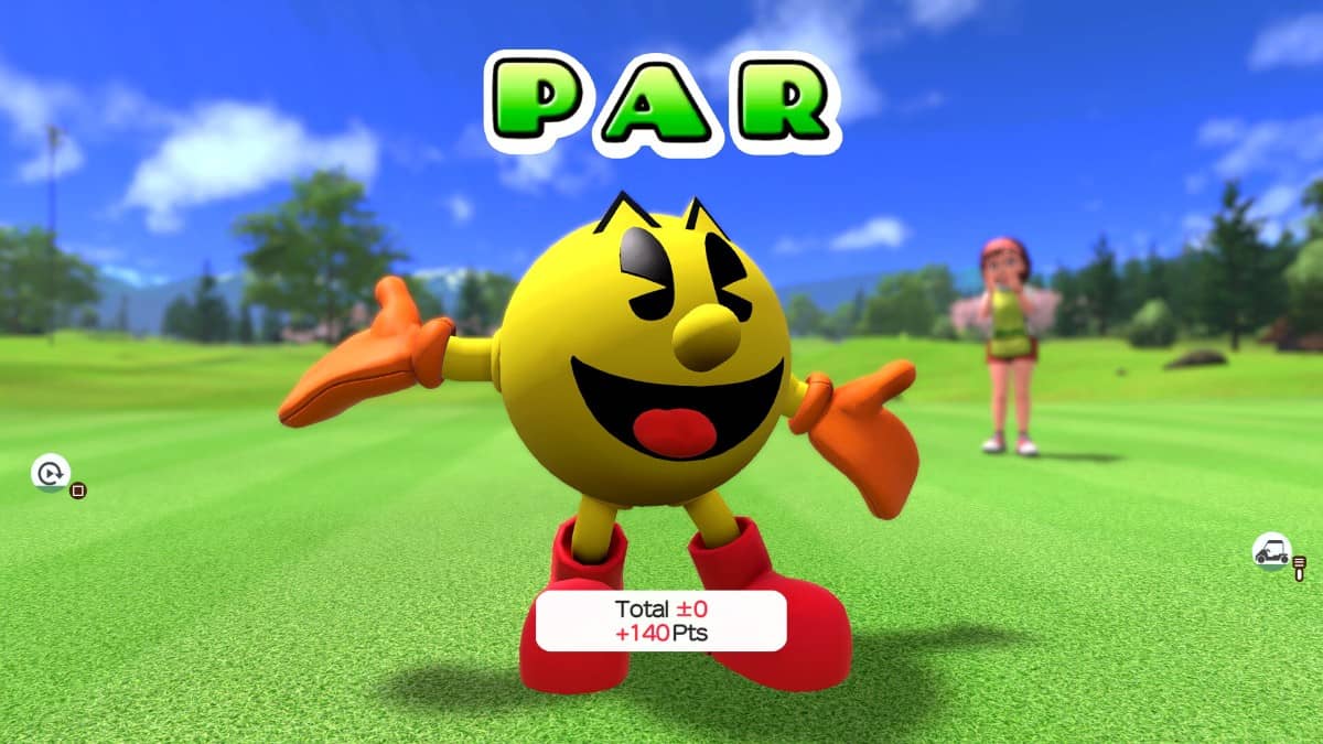 The Pac-Man preorder golfer celebrates scoring a PAR in EVERYBODY'S GOLF HOT SHOTS, bringing retro flair to the sunny course.