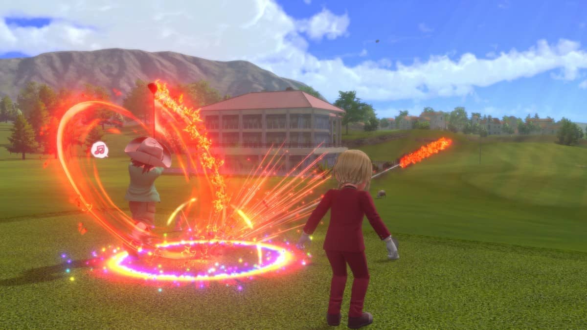 A golfer unleashes a perfect tee shot in EVERYBODY'S GOLF HOT SHOTS, igniting red flames around the ball and club in dramatic flair.