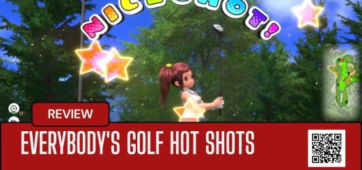 Yuna celebrates a perfect shot in EVERYBODY'S GOLF HOT SHOTS, with vibrant text popping above her on a sunny course.