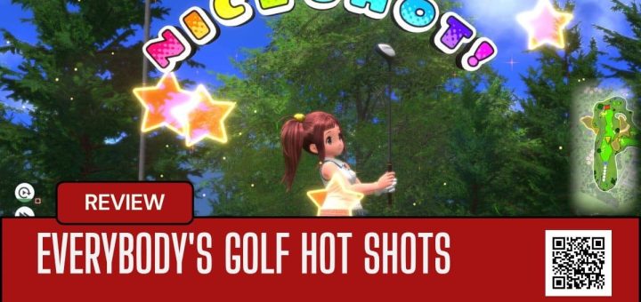 Yuna celebrates a perfect shot in EVERYBODY'S GOLF HOT SHOTS, with vibrant text popping above her on a sunny course.