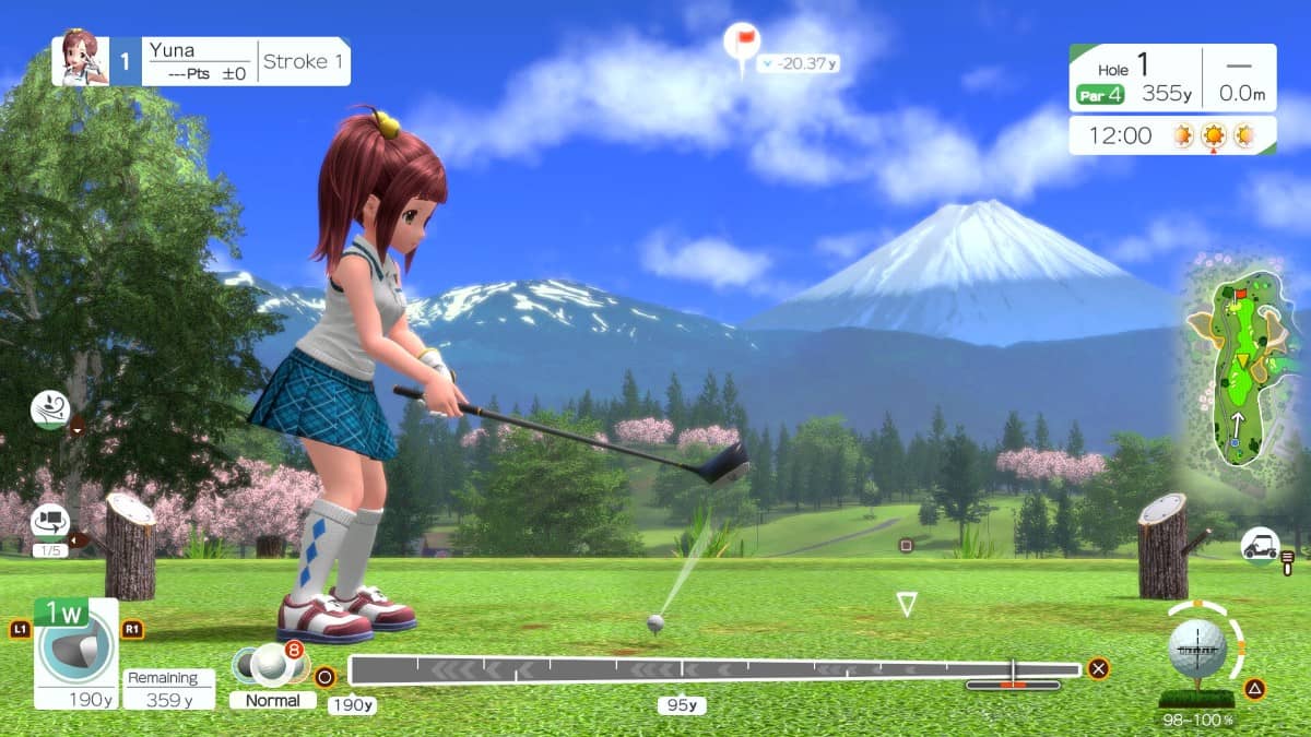 Yuna tees off under clear skies in EVERYBODY'S GOLF HOT SHOTS, showcasing vibrant course design and smooth swing mechanics.