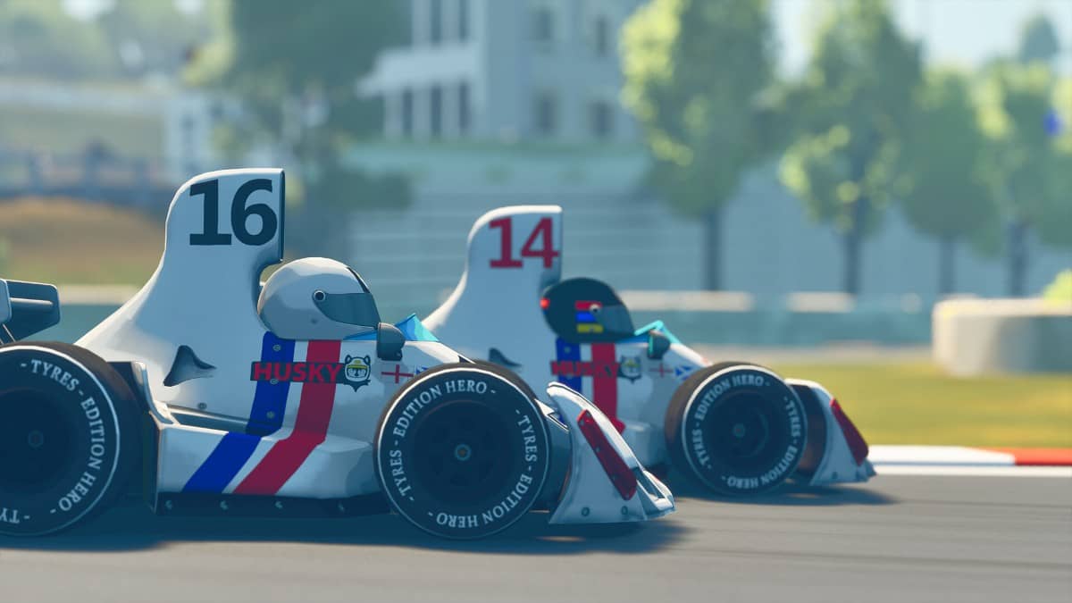 Two compact racers in Formula Legends battle side by side, highlighting the game’s playful vehicle design.