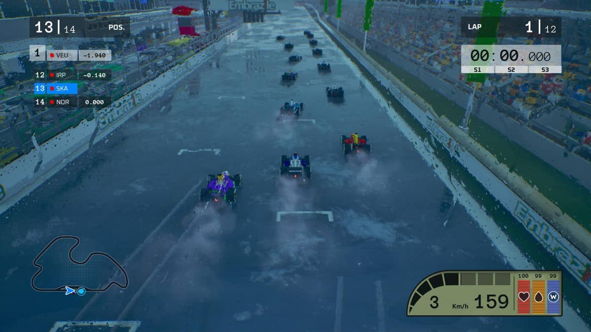 Formula Legends showcases six racers launching from the grid in heavy rain, highlighting dynamic weather and track detail.