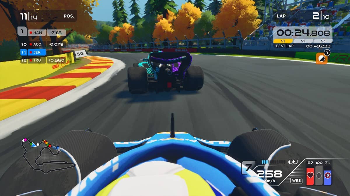A car in Formula Legends aggressively closes in on a rival through a sharp bend, showcasing tense racing dynamics.