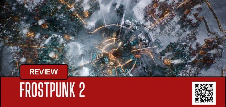 Aerial view of Frostpunk 2’s detailed cityscape, capturing the bleak beauty and oppressive atmosphere of its frozen world.