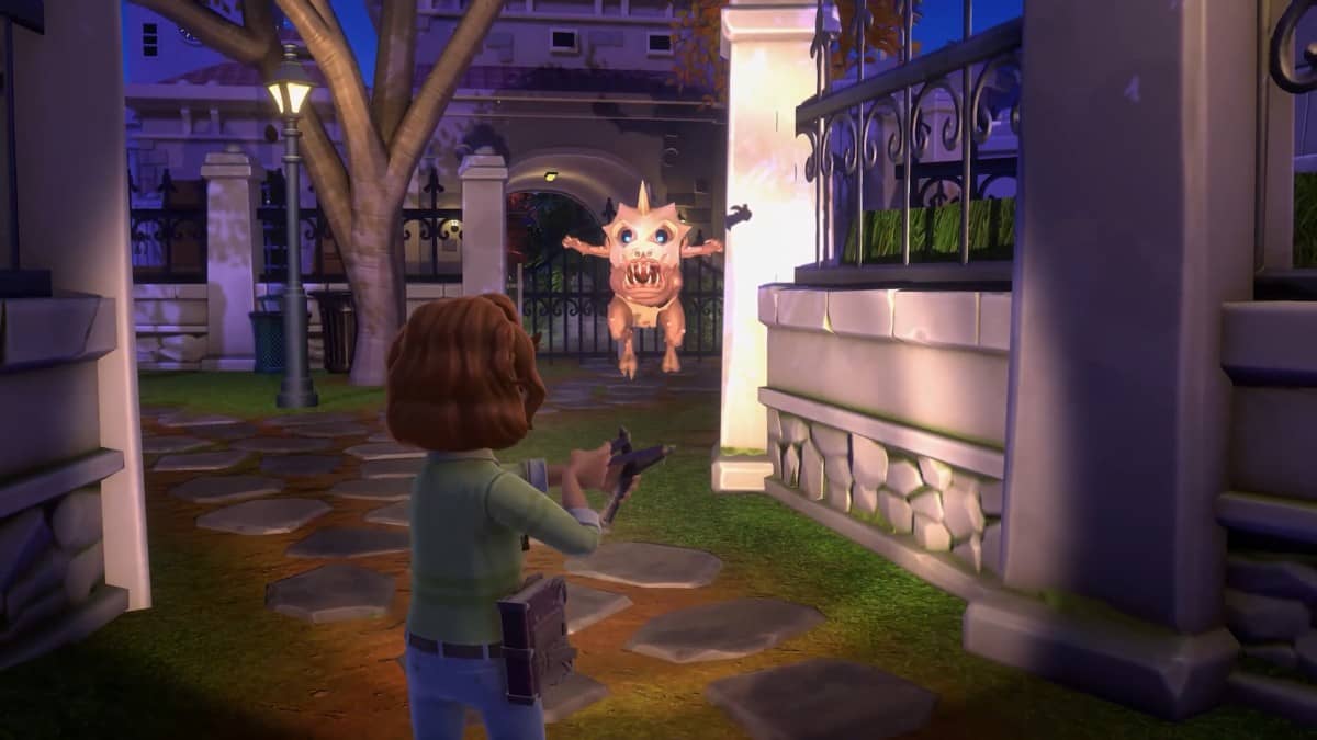 A monster lunges at the main character in the graveyard at night in Goosebumps: Terror in Little Creek.