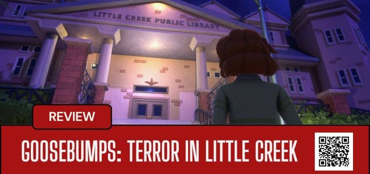 The main character gazing up at the Little Creek library in Goosebumps: Terror in Little Creek, hinting at unfolding mystery.