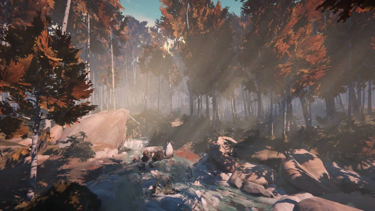 The player and herd in Herdling crossing a sunlit stream in a picturesque forest setting.