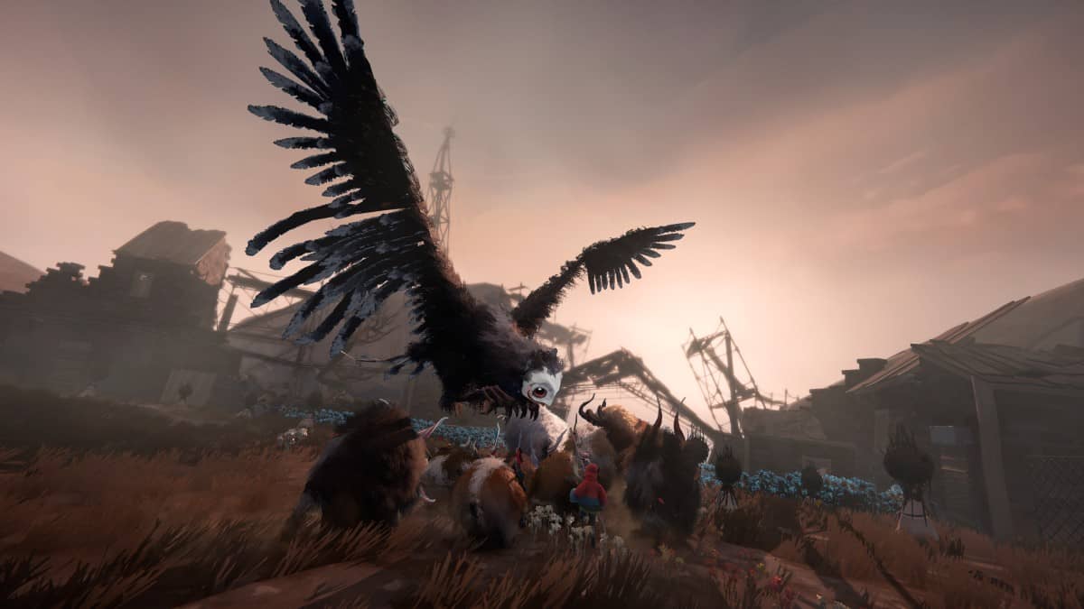 The player and herd in Herdling face a towering bird in a tense yet uncertain forest clearing encounter.