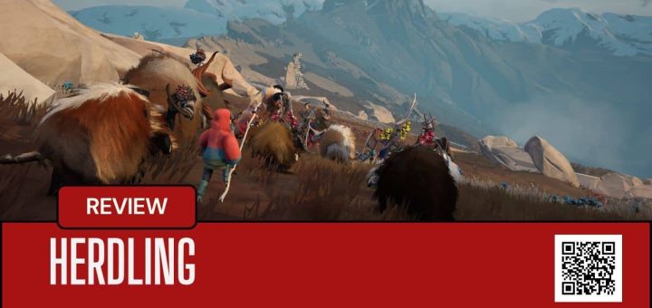 The herd and player character in Herdling journeying through open fields with distant mountains after leaving the city.