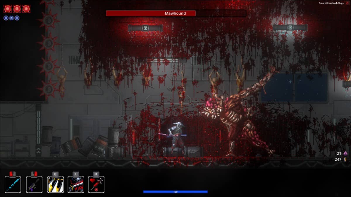 A colossal beast dominates the screen in Katanaut, showcasing the scale and intensity of its boss encounters.