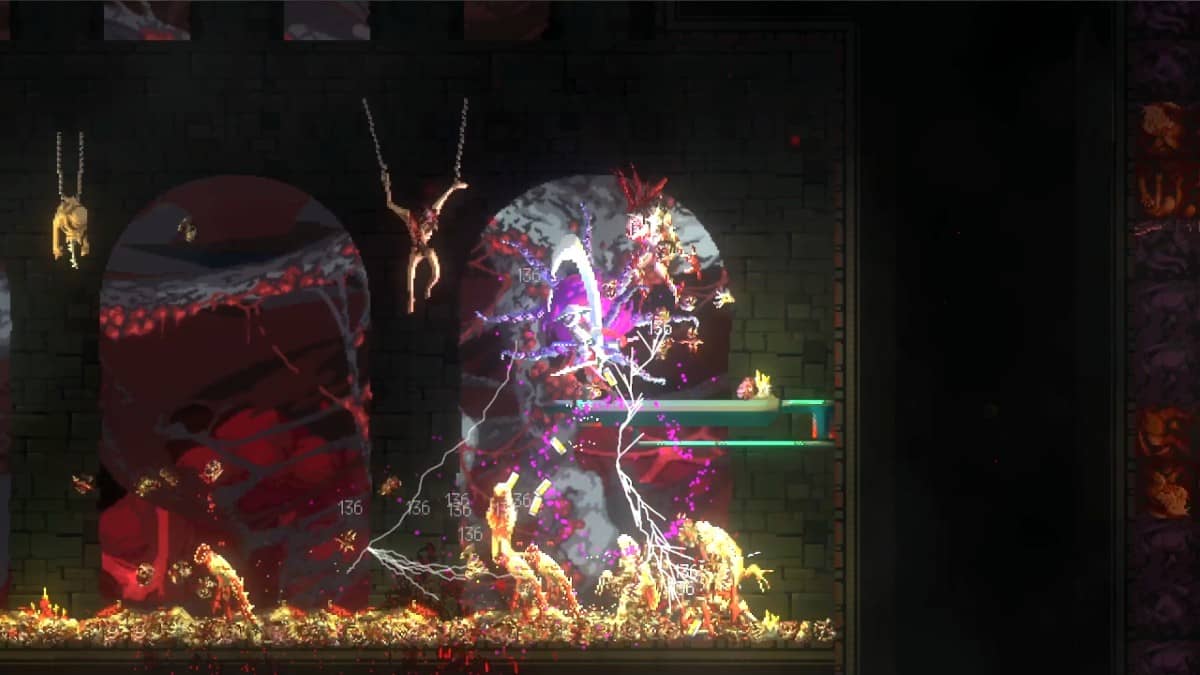 Katanaut battles through a shadowy chamber where chained bodies hang overhead, amplifying the game’s horror atmosphere.