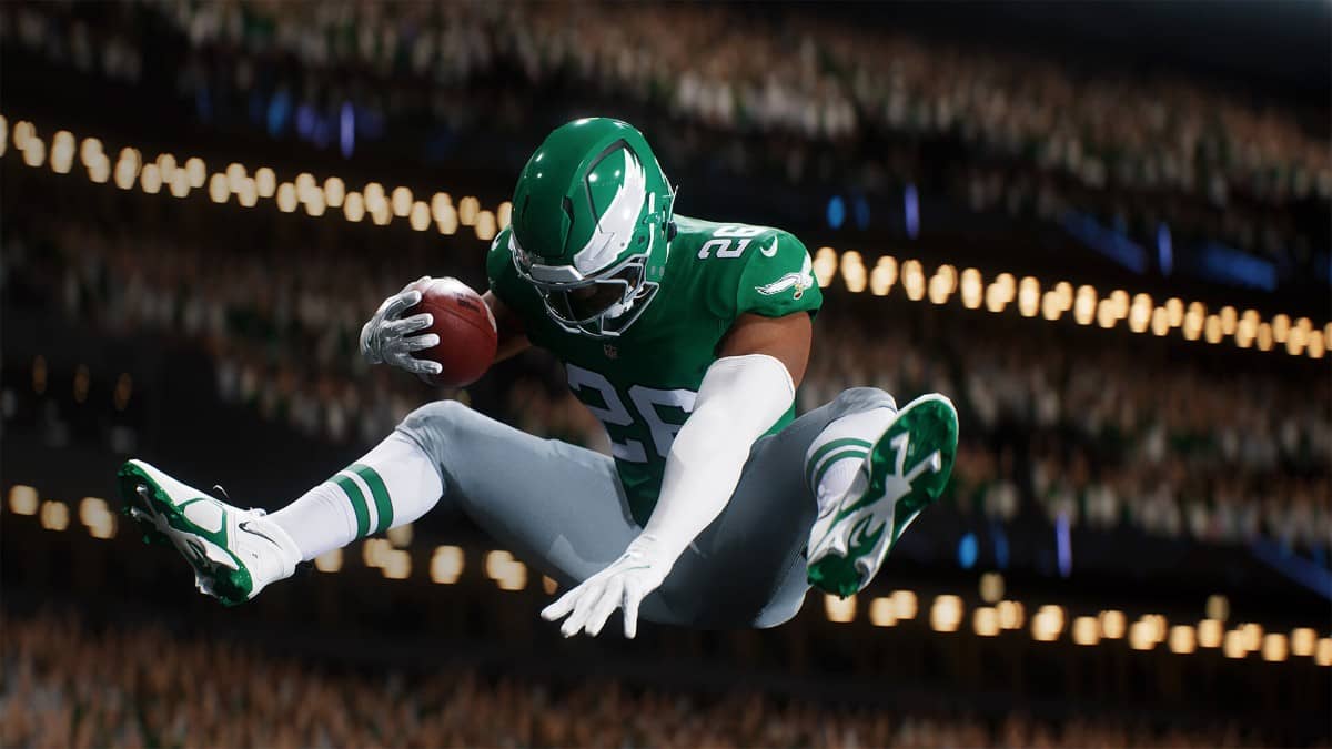 Barkley mid-air in Madden NFL 26 performing the leap that showcased his game-changing athleticism.