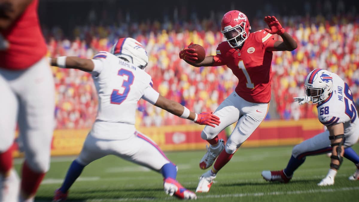 Midfield clash in Madden NFL 26 as Mahomes takes a heavy hit during Bills vs Chiefs action.